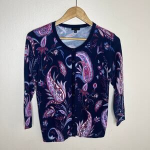 Talbots Navy Purple Paisley Button Up Cardigan Size Small